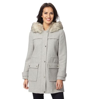 Light grey faux fur trim hooded coat